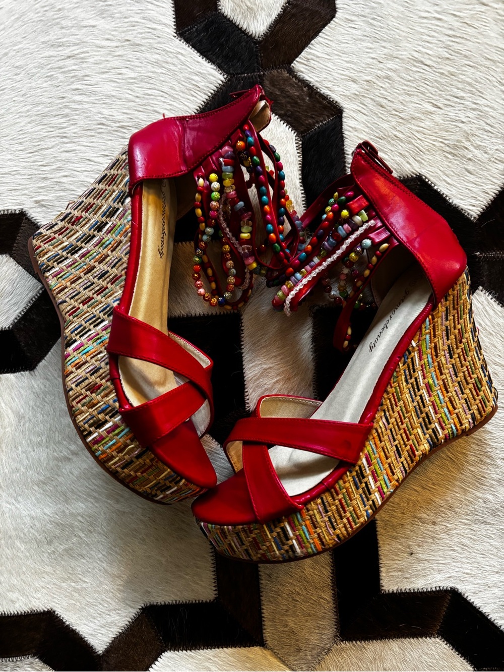 Red Beaded Ankle-Wrap Wedge Sandals with Multicolor Platform